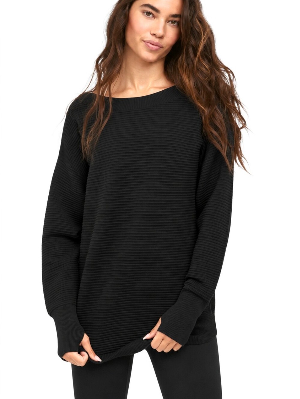 Women's Aerie Offline Homerun Ribbed Off The Shoulder Sweater Black S Thumbholes